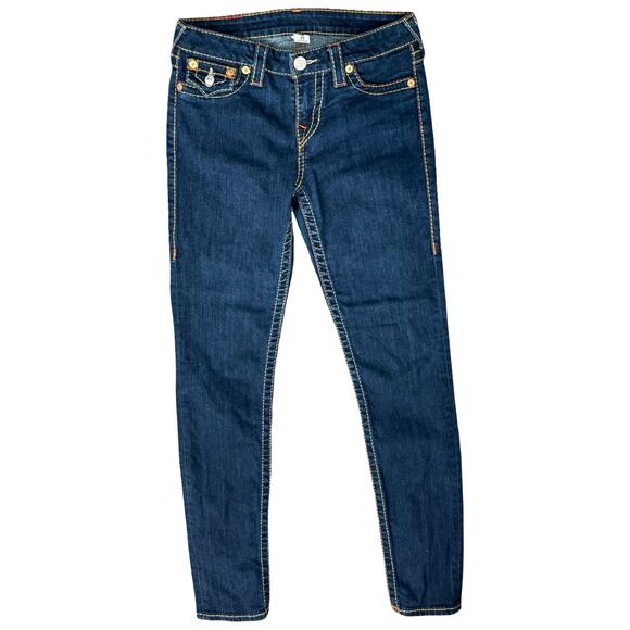 True Religion Dark Blue Low Rise Flap Big T Skinny Jeans Size 27 Contrast Stitch - Picture 2 of 10